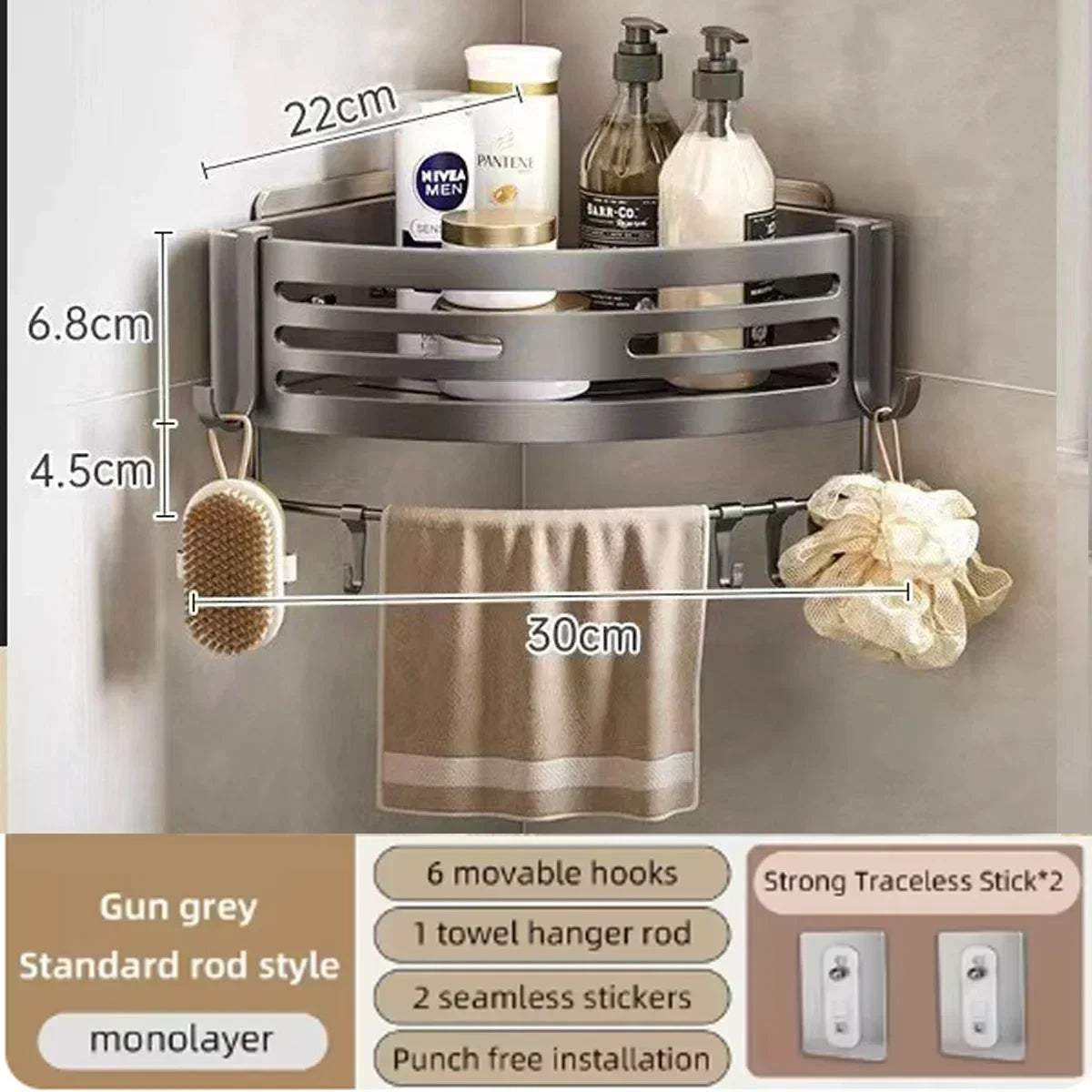 1-2PCS Shower Corner Shelf with Towel Bar Hook Space Aluminum Bathroom Shelf Without Drilling Shampoo Holder Bathroom Accessorie