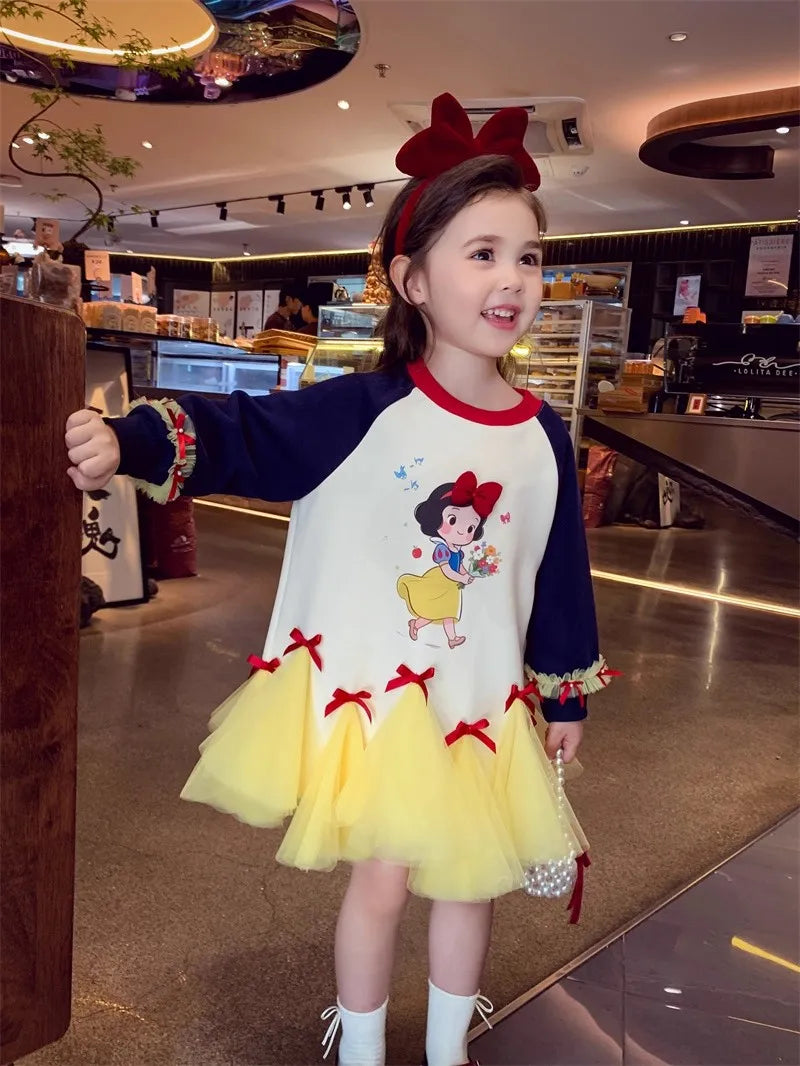 Girl's Fall/Winter Sweatshirt Long Sleeve Princess Elsa Snow White Cartoon Print Tulle Skirt Casual Hoodie Dress 2-12 Years Old