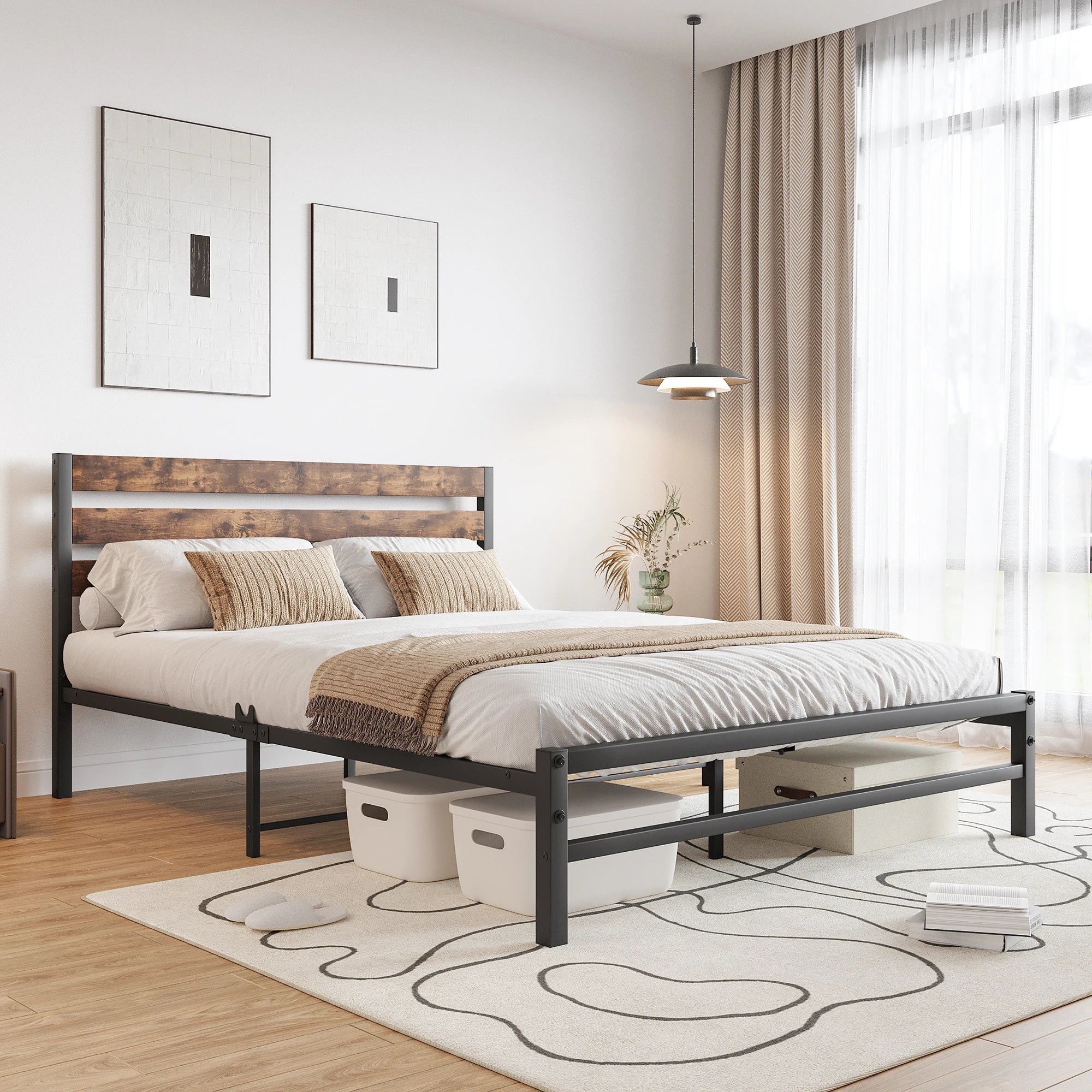 Queen Size Platform Bed Frame with Rustic Vintage Wood Headboard, Strong Metal Slats Support Mattress Foundation, No Box Spring