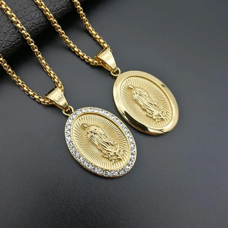 Virgin Mary Prayer Pendant Necklaces Gold color 316L Stainless Steel with rhinestone Women/Men Jewelry