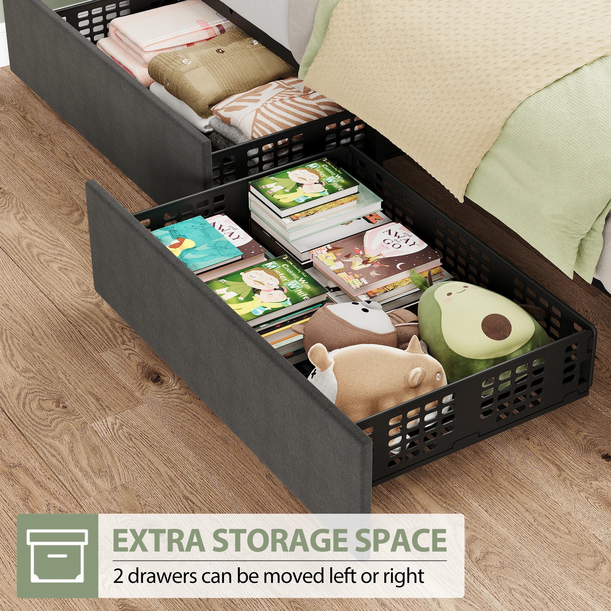 Full Size Bed Frame with Adjustable Headboard and 4 Storage Drawers, Upholstered Platform Bed Frame Wooden Slats Support