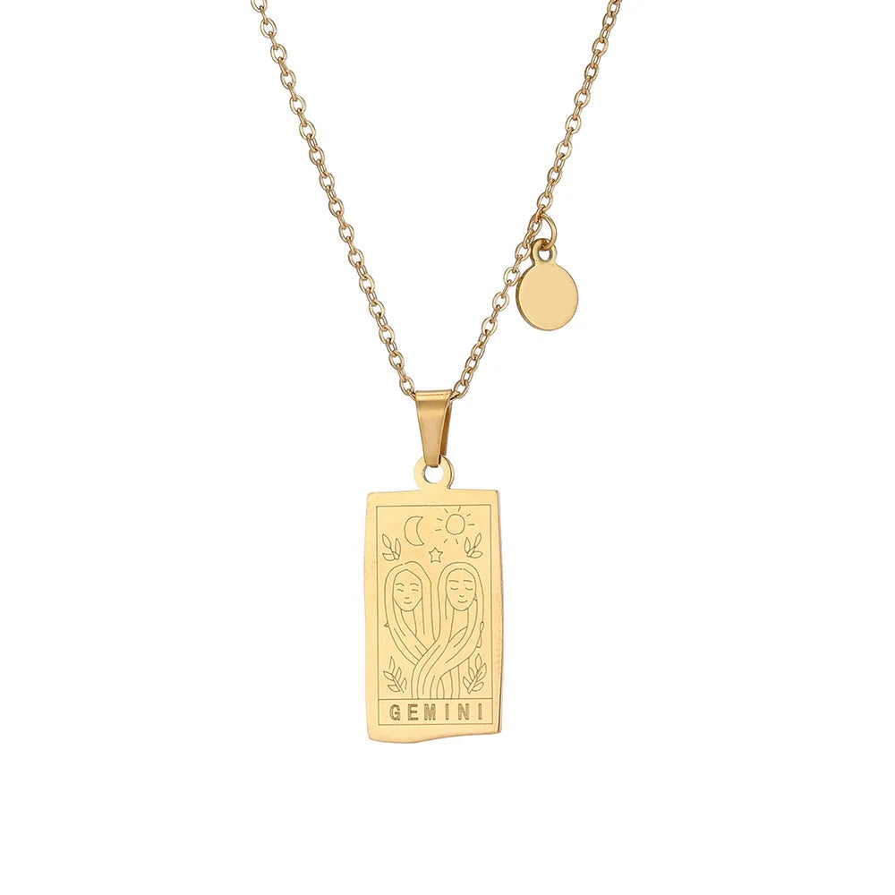 Stainless Steel Square Tarot Card Pendant Women Necklace Twelve Constellations Gold-Plated Clavicle Chain Horoscope Gifts
