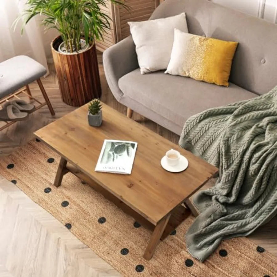 Solid Wood Coffee Table 42.5 Firwood Farmhouse Rustic Wooden Coffee Tables for Living Room Solid Firwood Rectangle Coffee Table