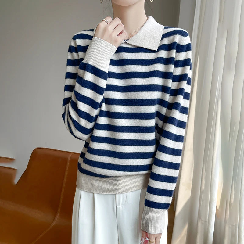 Autumn Winter Woman 100% Merino Wool Sweater POLO Collar Pullover Colorful Stripes Knitwear Bottoming Clothing Long Sleeve Tops
