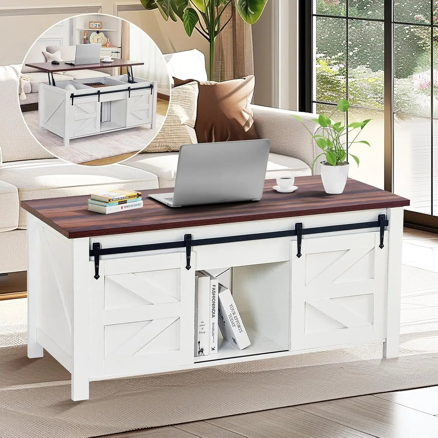 Redlife 47.2" Lift Top Coffee Table, Rustic Center Table w/ Hidden Storage Compartment  Sliding Barn Door for Living Room Office