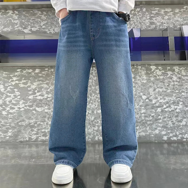 Loose vintage washed preppy-style straight-leg casual wide-leg long jeans for teenage boys