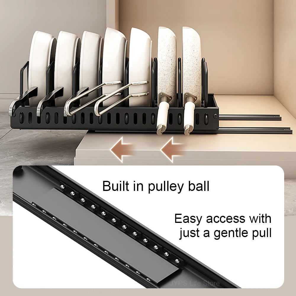 Kitchen Pots and Pans Organizer Under Cabinet Sliding Drawer Pot Lid Organizer Pull Out Cabinet Storage Tray with 8 Dividers