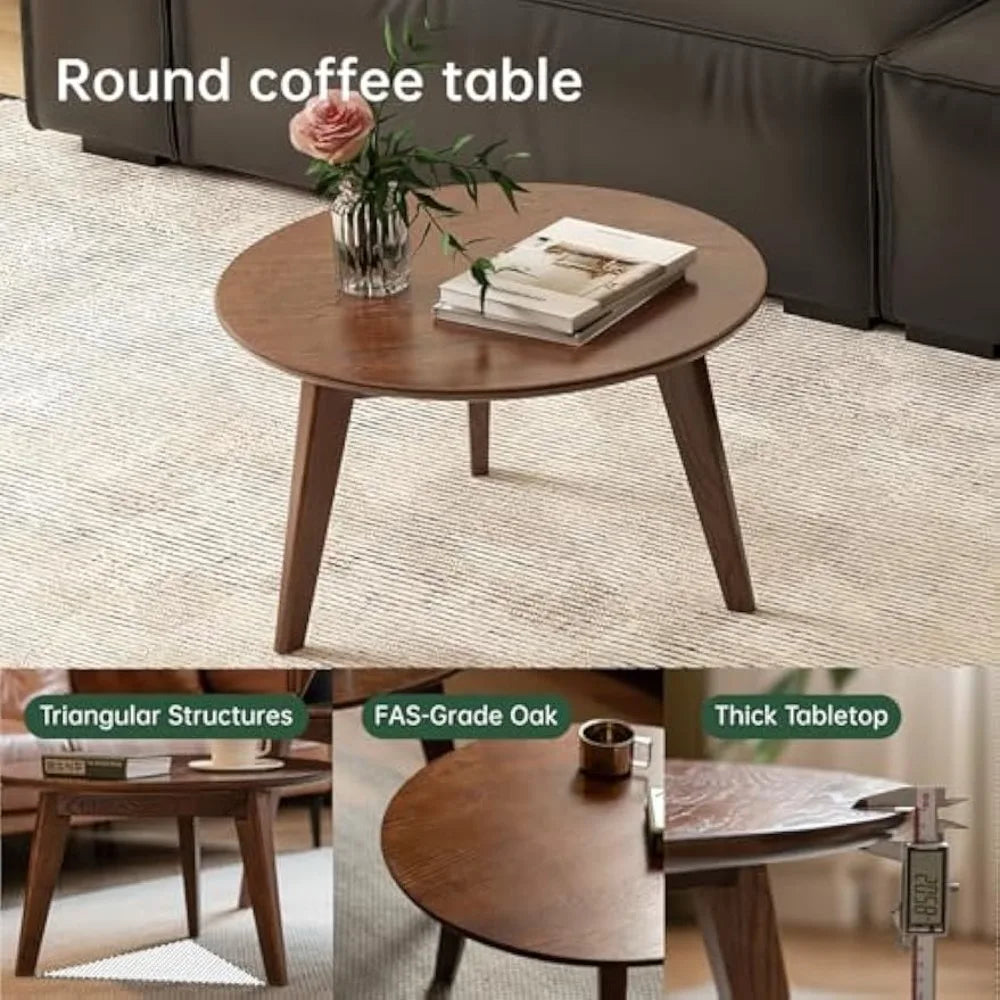 "100% Solid Oak Mini Coffee Table with Round Design and Walnut Finish for Home Use"