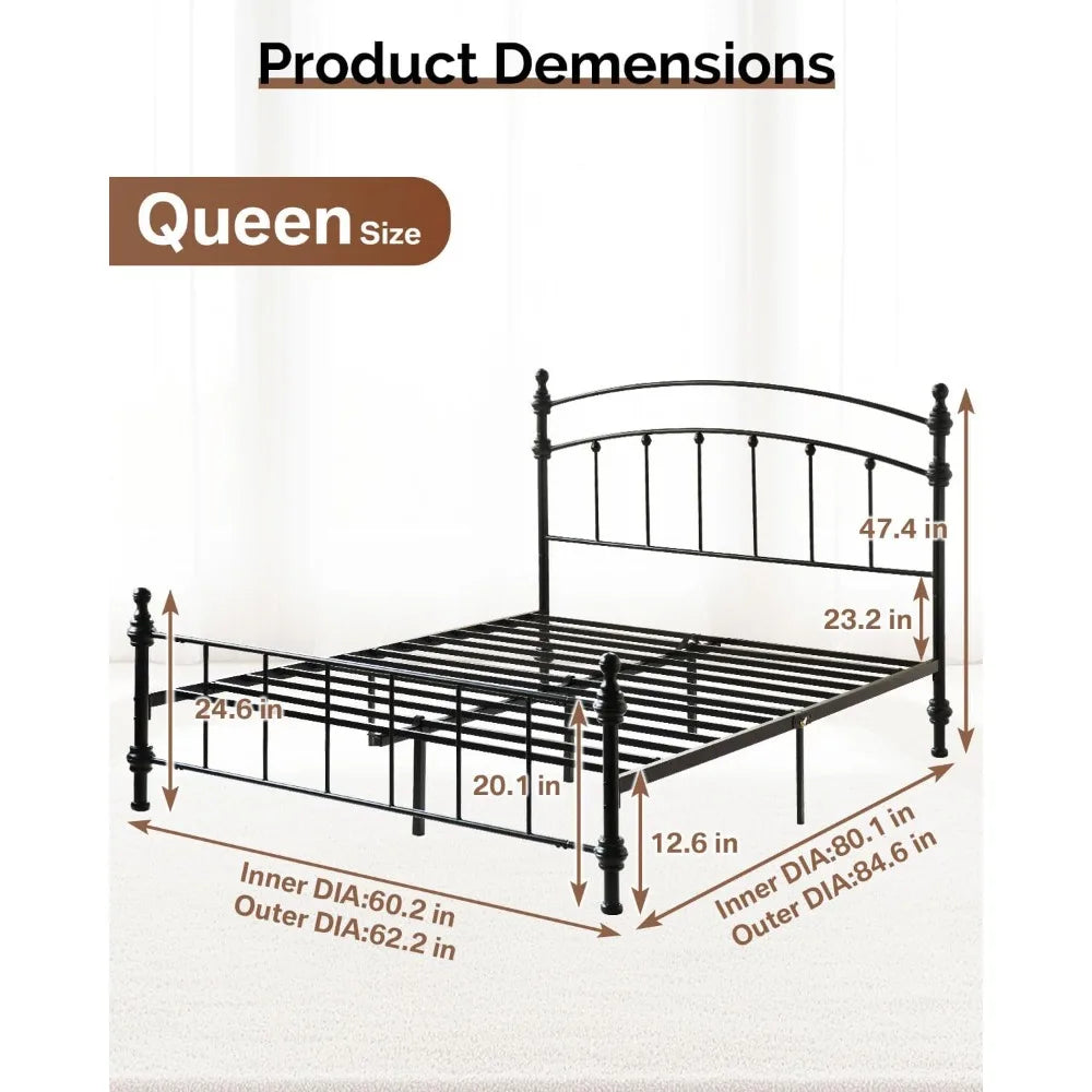 Queen Size Metal Bed Frame with Arched Headboard, Durable and Luxurious Roman Column Design, Easy Assembly