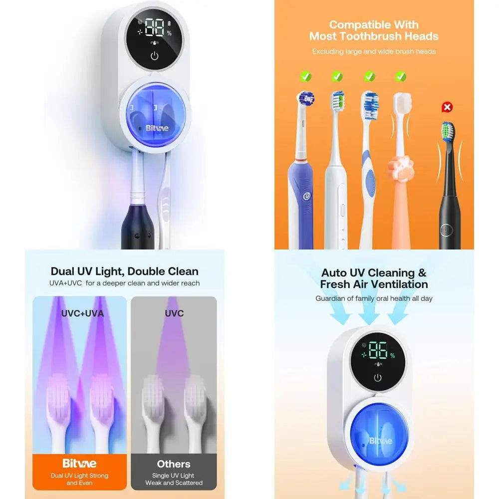 Toothbrush Cleaner & Toothbrush Holder, Cleaning and Air Drying, LED Smart Screen, Rechargeable Wall Mount Toothbrush Holder fo