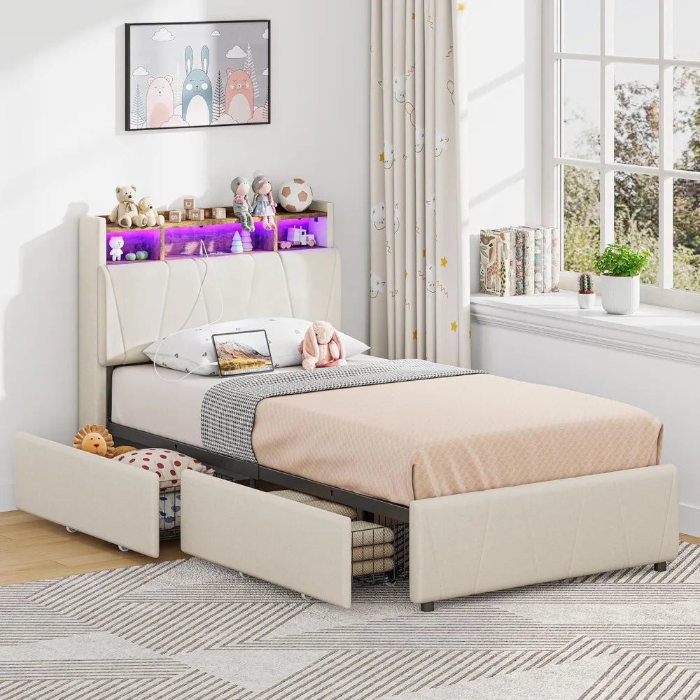 LED Twin Size Bed Frame with 2 Storage Drawers, Charging Station & LED Lights, No Box Spring Needed, Easy Assembly, Bed Frame