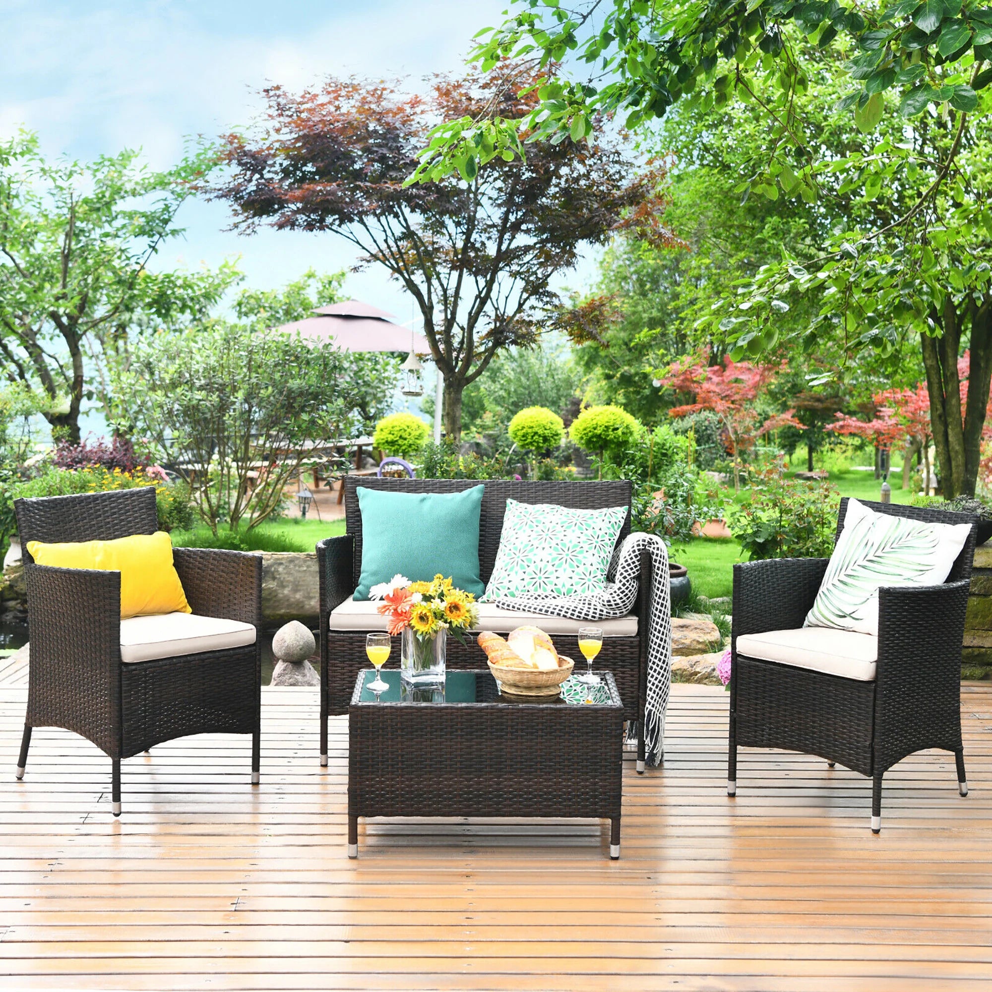4PCS Rattan Patio Furniture Set Cushioned Sofa Chair Coffee Table Garden