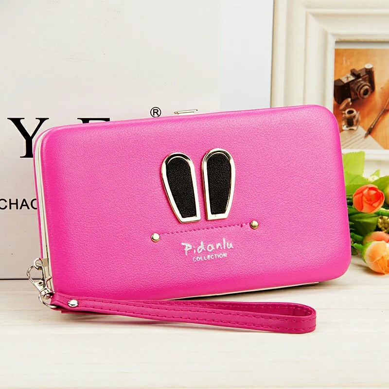 Cartoon Rabbit Ears Women's Cell Phone Box Wallet Credit Card Holder Purse with Wristlet Handbag
