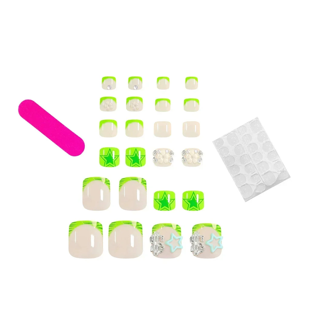 24pcs Summer Fake Toenail Patch with Star Rhinestone Design False Toe Nail Full Cover Wearable Green French Press on Toenails