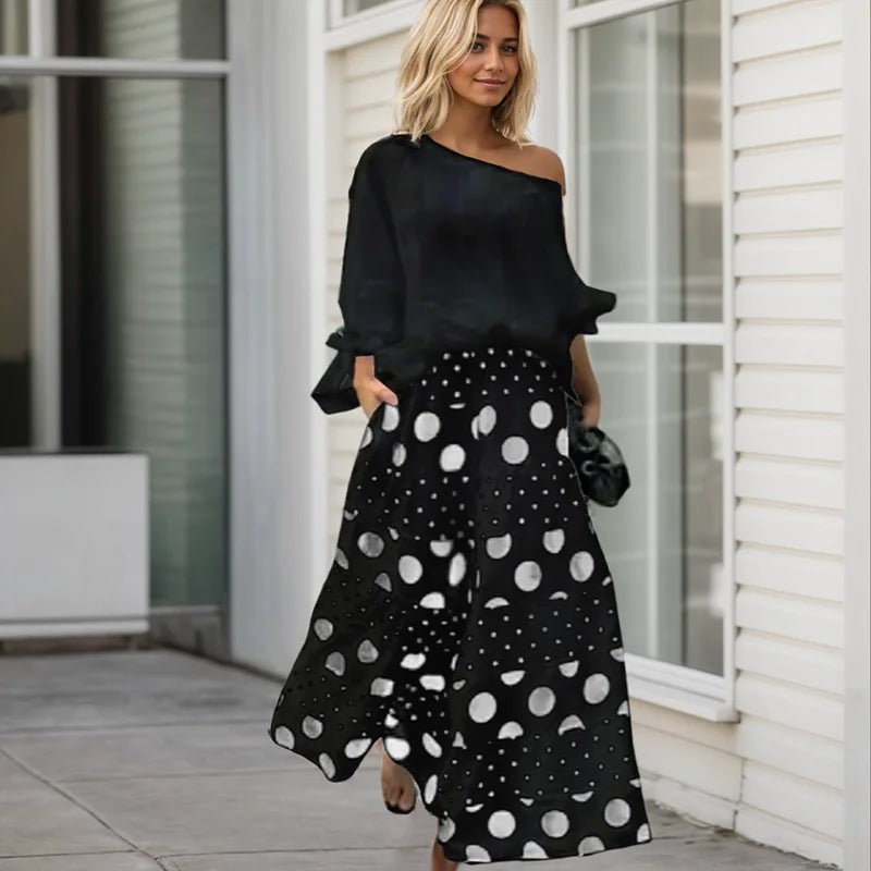 Casual Suit Set For Women Solid Color Nine-quarter Sleeve Slant Collar T-Shirt Women Two Piece Sets Loose Polka Dot Printed Suit