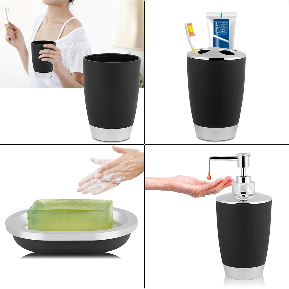 4Pcs/Set Bathroom Suit Accessories Includes Cup Toothbrush Holder Soap Dish Dispenser Black