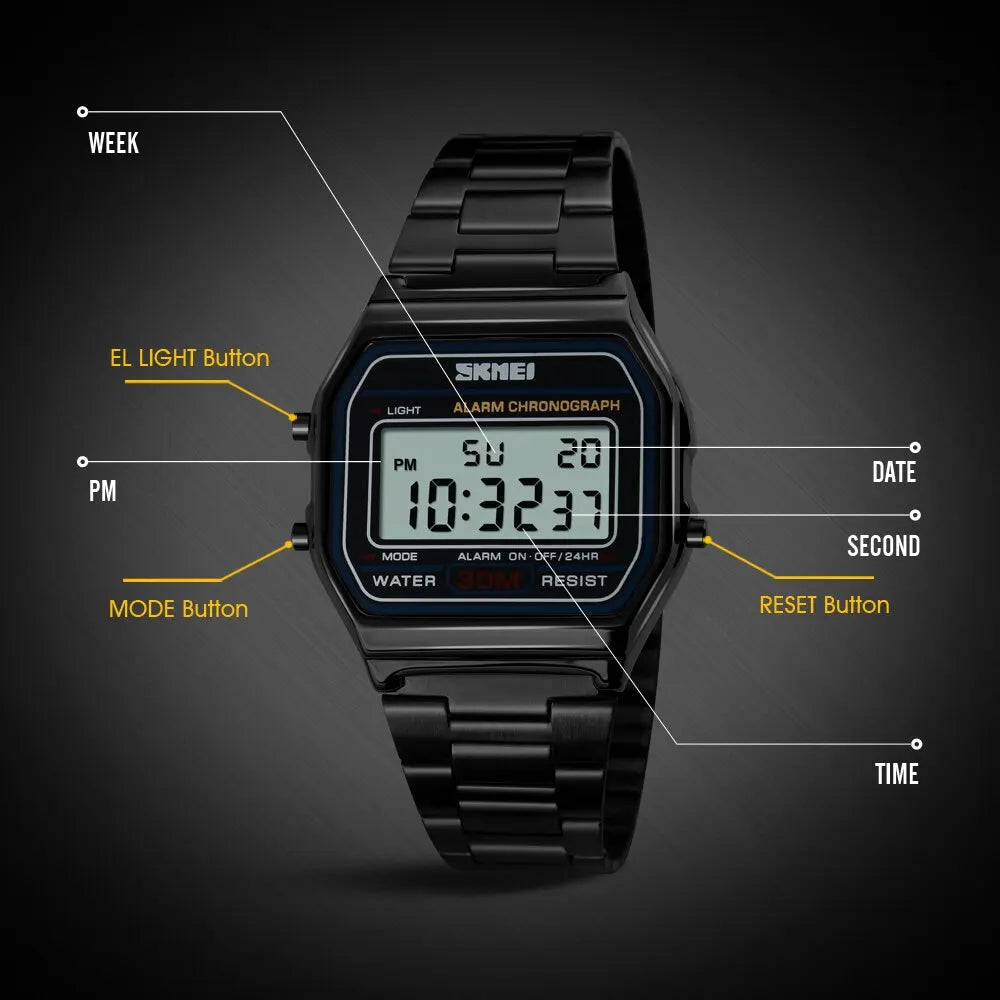 SKMEI Digital Watch for Men Watch Luxury Stainless Steel Electron Waterproof Mens Wristwatches Clock 3Bar Waterproof Reloj Hombr