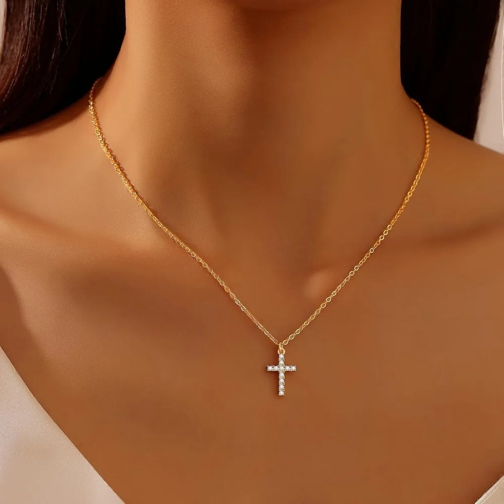 Layered Gold Necklace for Women, Trendy Stackable 14k Gold CZ Diamond Cross Pendant Necklace Jewelry, Paperclip Box Flat Necklac