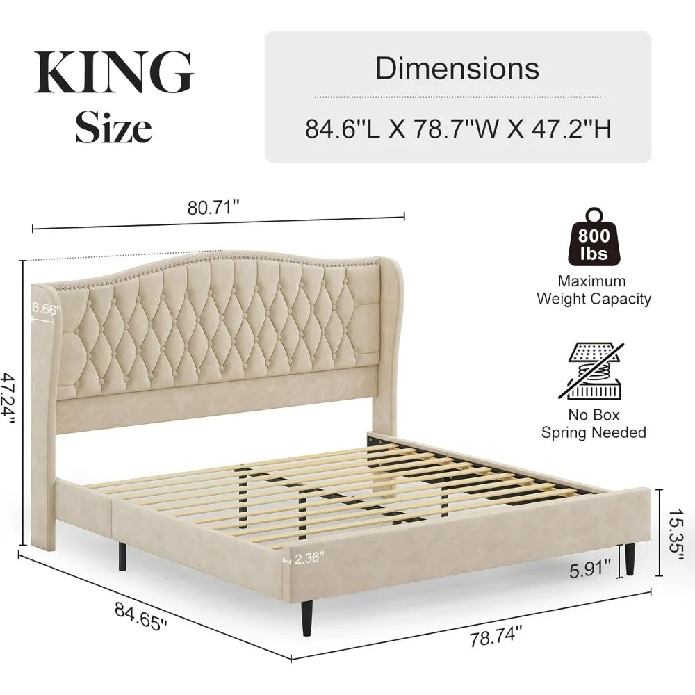 belffin king bed frame and headboard, luxury upholstered velvet platform bed with wingback, button tufted & nailhead trim, anti-
