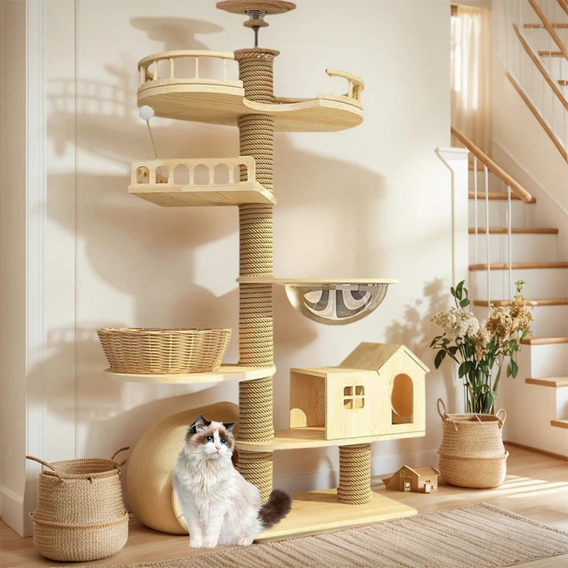 YXT Cats Tree Floor Solid Wooden Cat Tree House Climbing Pets Furniture Adjustable Kitten Trees Tower