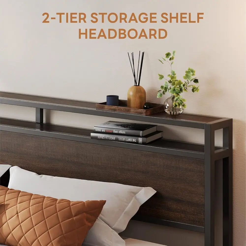 LIKIMIO California King Bed Frame with Headboard, Dark Wood Camas California King with Strong Supports, Sturdy, Noise-Free