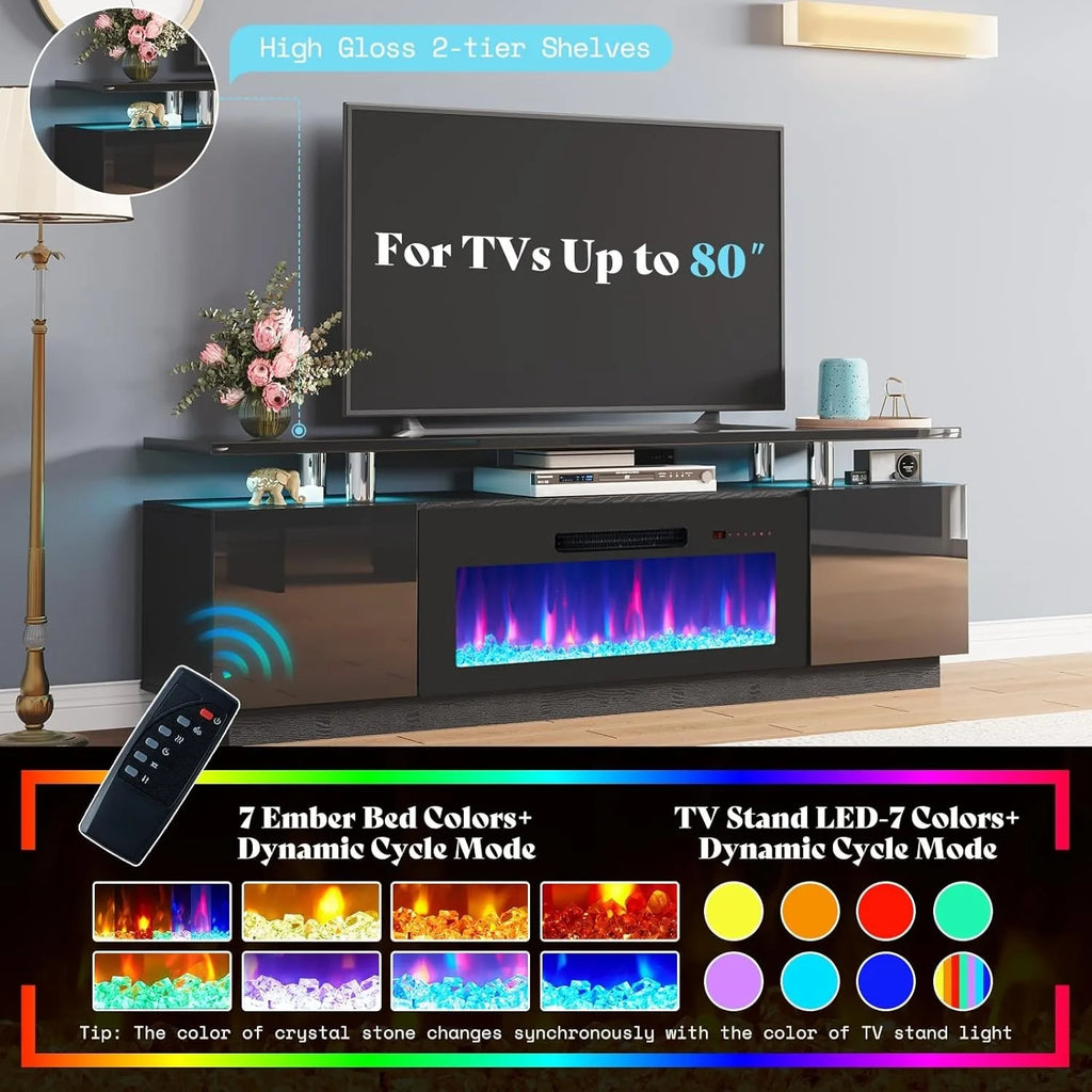 Fireplace TV stand with 36 inch fireplace, 70 inch modern high gloss fireplace, 2-story TV console cabinet, obsidian color