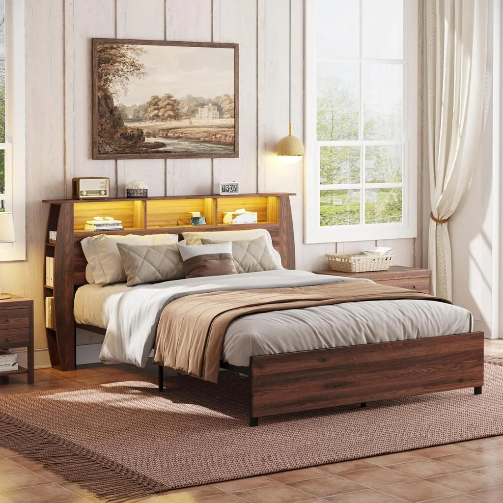 Vabches Bed Frame Full Size with 2-Tier Storage Headboard Wooden Platform Bed Frame with Charging Station&LED Light Noise-Free