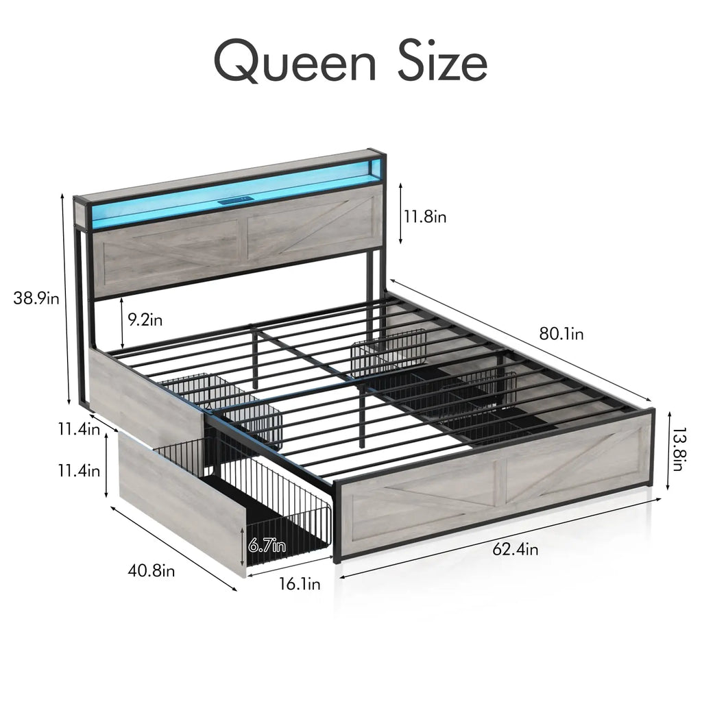 Vabches Queen Size Bed Frame with Headboard&4 Storage Drawers Metal Platform Bed Frame with LED Lights&Power Outlet for Bedroom