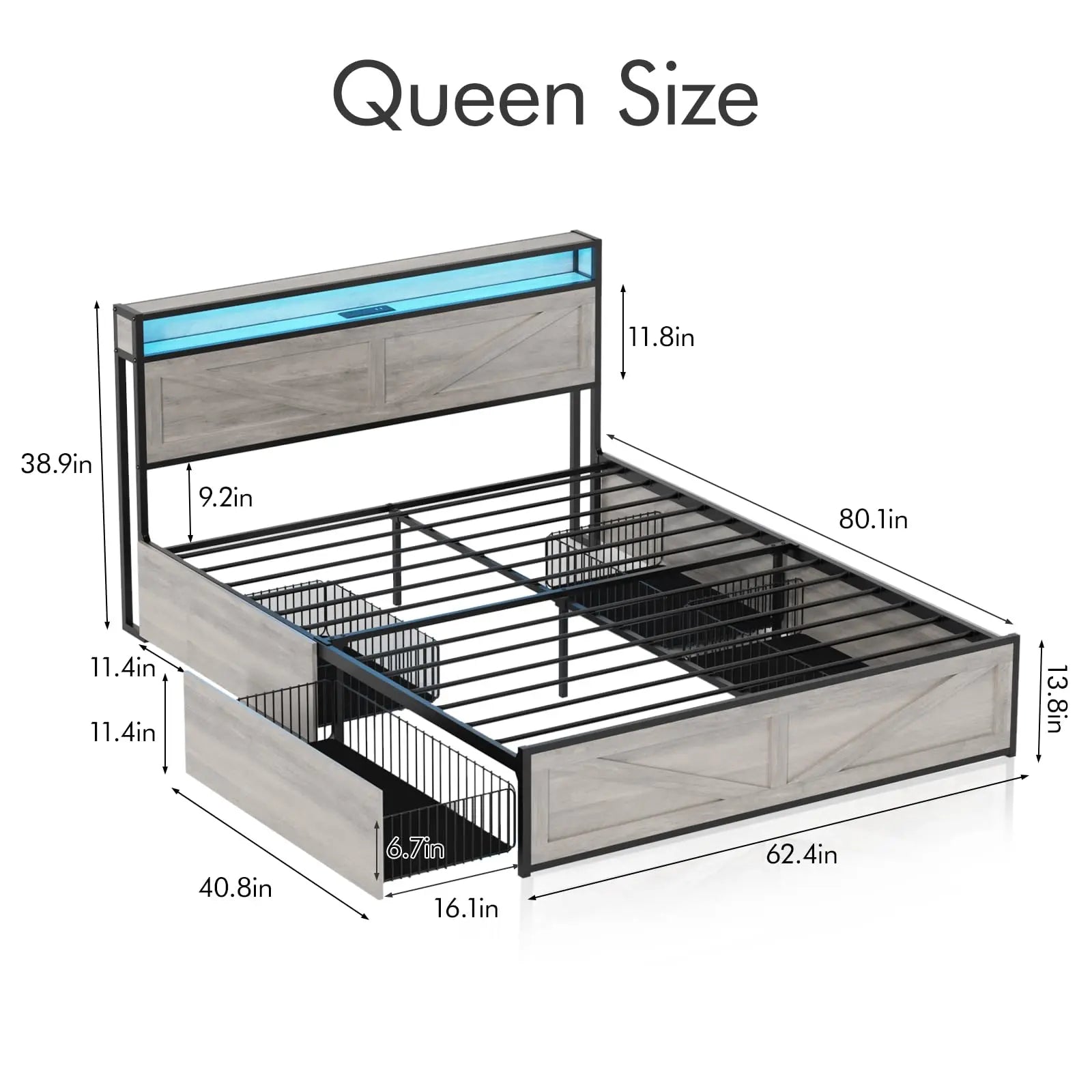 Vabches Queen Size Bed Frame with Headboard&4 Storage Drawers Metal Platform Bed Frame with LED Lights&Power Outlet for Bedroom