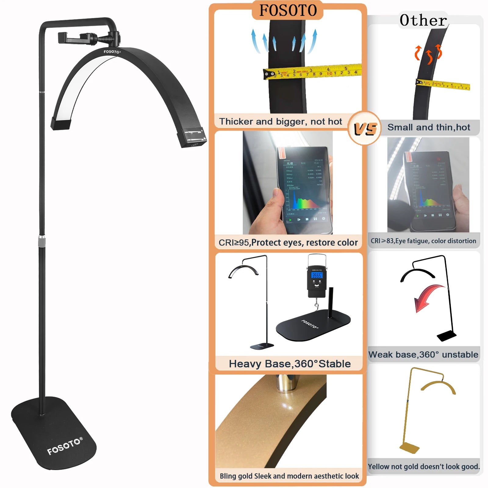 Fusitu FT-Y9 45W LED Half-Moon Shaped Light Arc Lash Light With Diamond Floor Lamp Video Light For Beauty Salon Tattoo Makeup