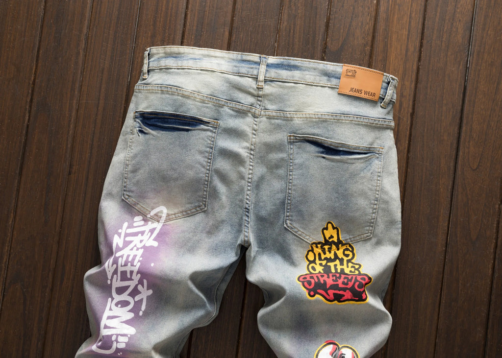 Men's street casual printed versatile fashionable slim fit straight hole vintage jeans
