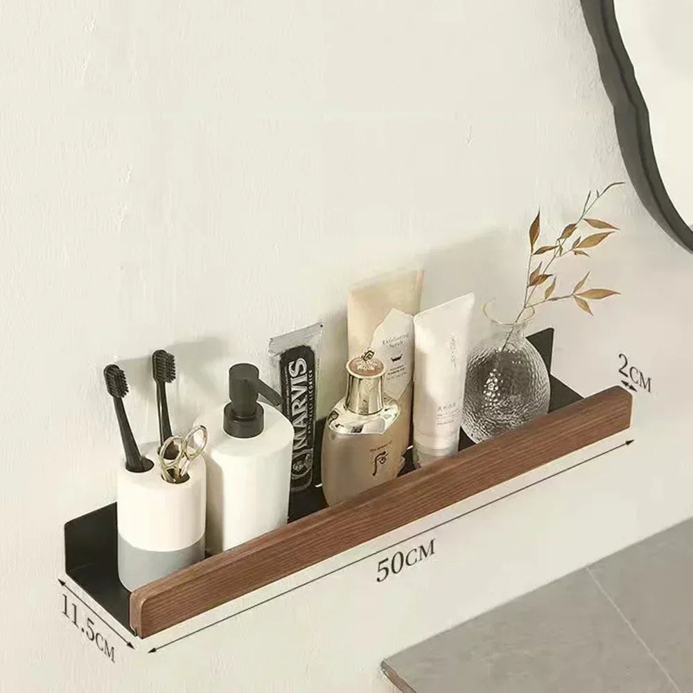 Bathroom Wood Shelf Holder Bath Shower Corner Rack Wall Mounted No Drill Shelves Organizer Kitchen Bathroom Storage Accessories