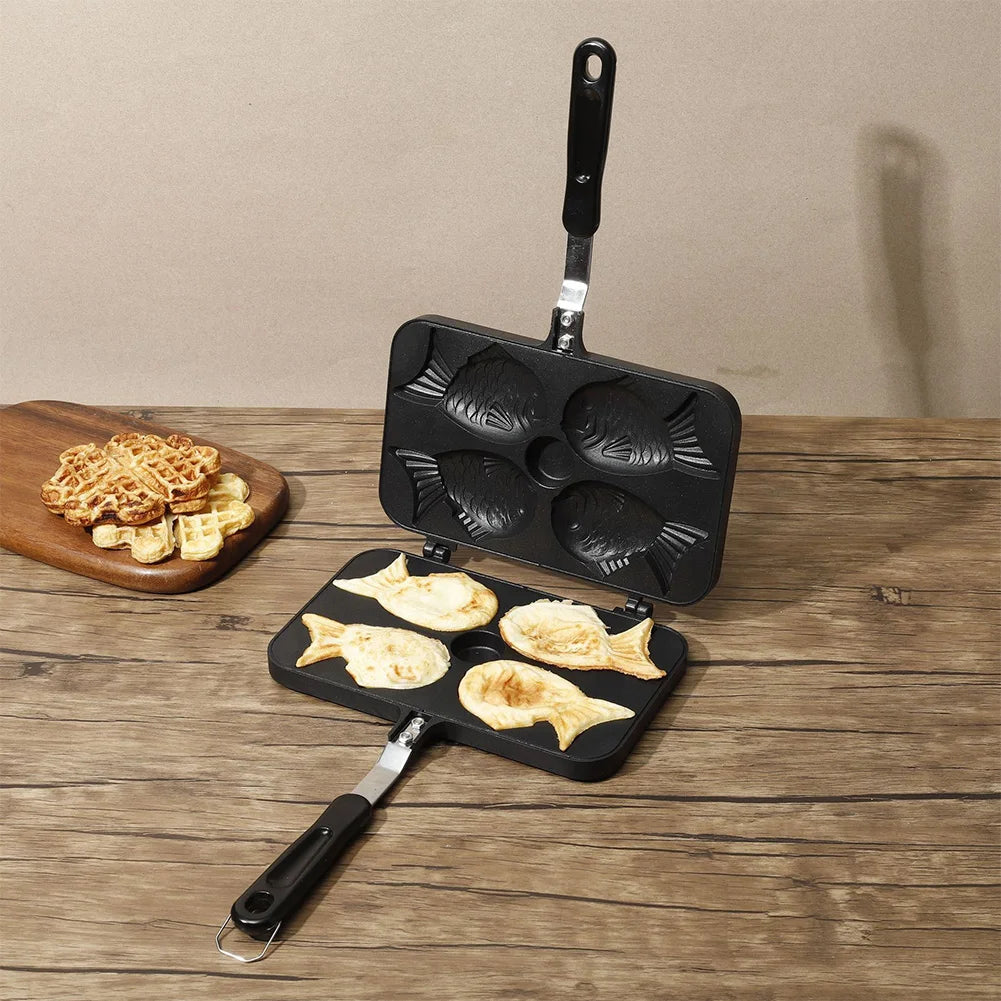 Kitchen Japanese Taiyaki Double Fish Shaped Hot Dessert Waffle Cake Maker Pan Japanese Pancake Double Pan Fry Pan Waffle Molds