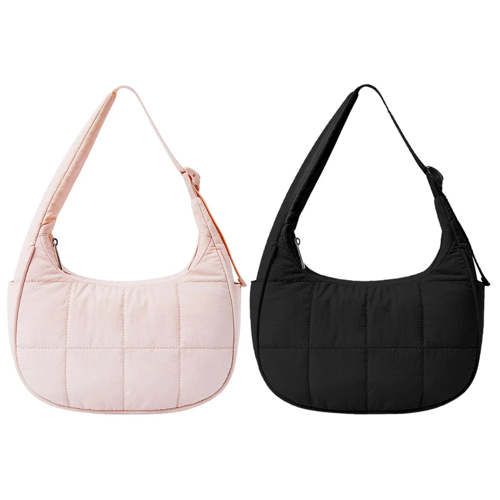 Puffer Shoulder Bag Nylon Adjustable Strap Crescent Bag for Women Quilted Handbag with Zipper Hobo Bag for Work Travel