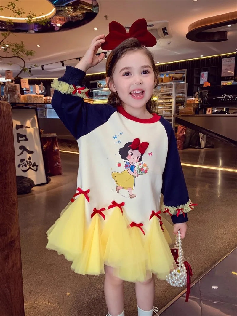 Girl's Fall/Winter Sweatshirt Long Sleeve Princess Elsa Snow White Cartoon Print Tulle Skirt Casual Hoodie Dress 2-12 Years Old