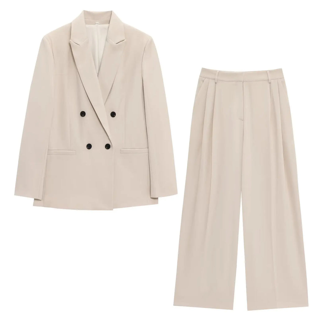 Women's new suit trousers suit double-breasted suit jacket with shoulder pads, pleated wide-leg pants
