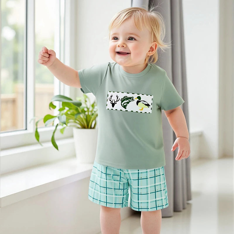 Boys Summer Outfit Set with Short Sleeve O Neck Duck Embroidered Top and Plaid Shorts for a Stylish Look