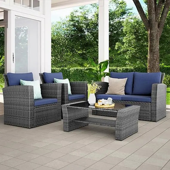 Gray Wicker Outdoor Patio Furniture Set, 4-Piece Conversation Area for Deck, Porch, with Cushioned Sofa Chairs
