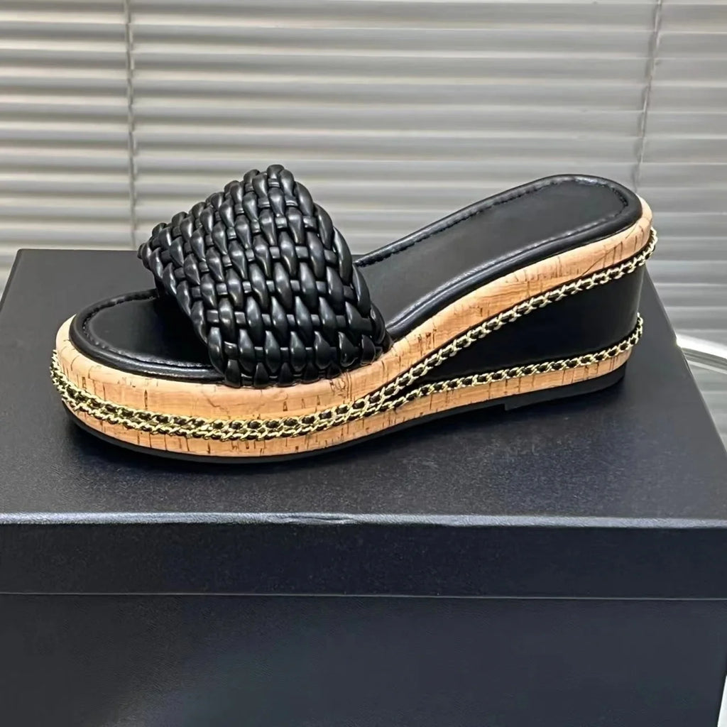 2025 New Arrival Handmade Genuine Leather Open-Toe Wedges Woman Slippers Weave Beach Slides Platform Elevator Shoes Botas Mujer