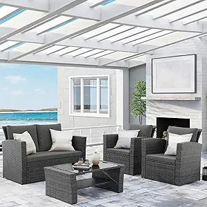 Gray Wicker Outdoor Patio Furniture Set, 4-Piece Conversation Area for Deck, Porch, with Cushioned Sofa Chairs