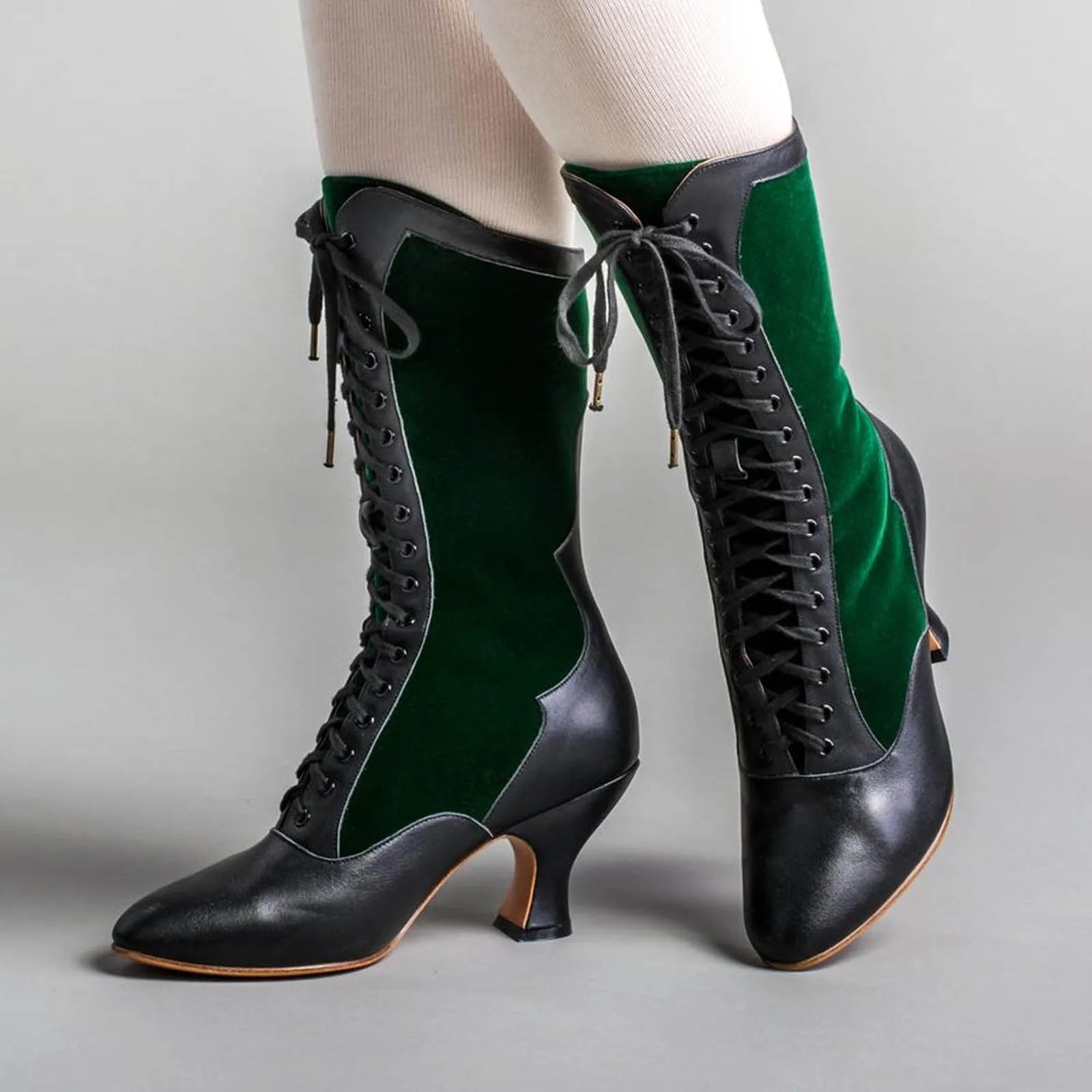 Vintage Block Heel Green Lace Up Boots For Womens Wide Calf Riding Boots Women'S Fashion Boots With Cute Cat Motif Bandage Shoes