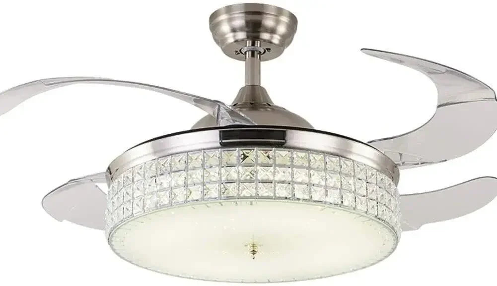 36"/42" Retractable Ceiling Fan Light LED Invisible 3 Color Chandelier Lamp w/Remote Crystal Metal Ceiling Fan Light 92cm/107cm