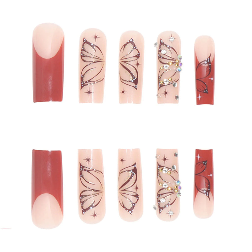Ultra-long French False Nail Shiny Butterfly Elegant Reusable Artificial Nail for Women and Girl Nail Salon at Home