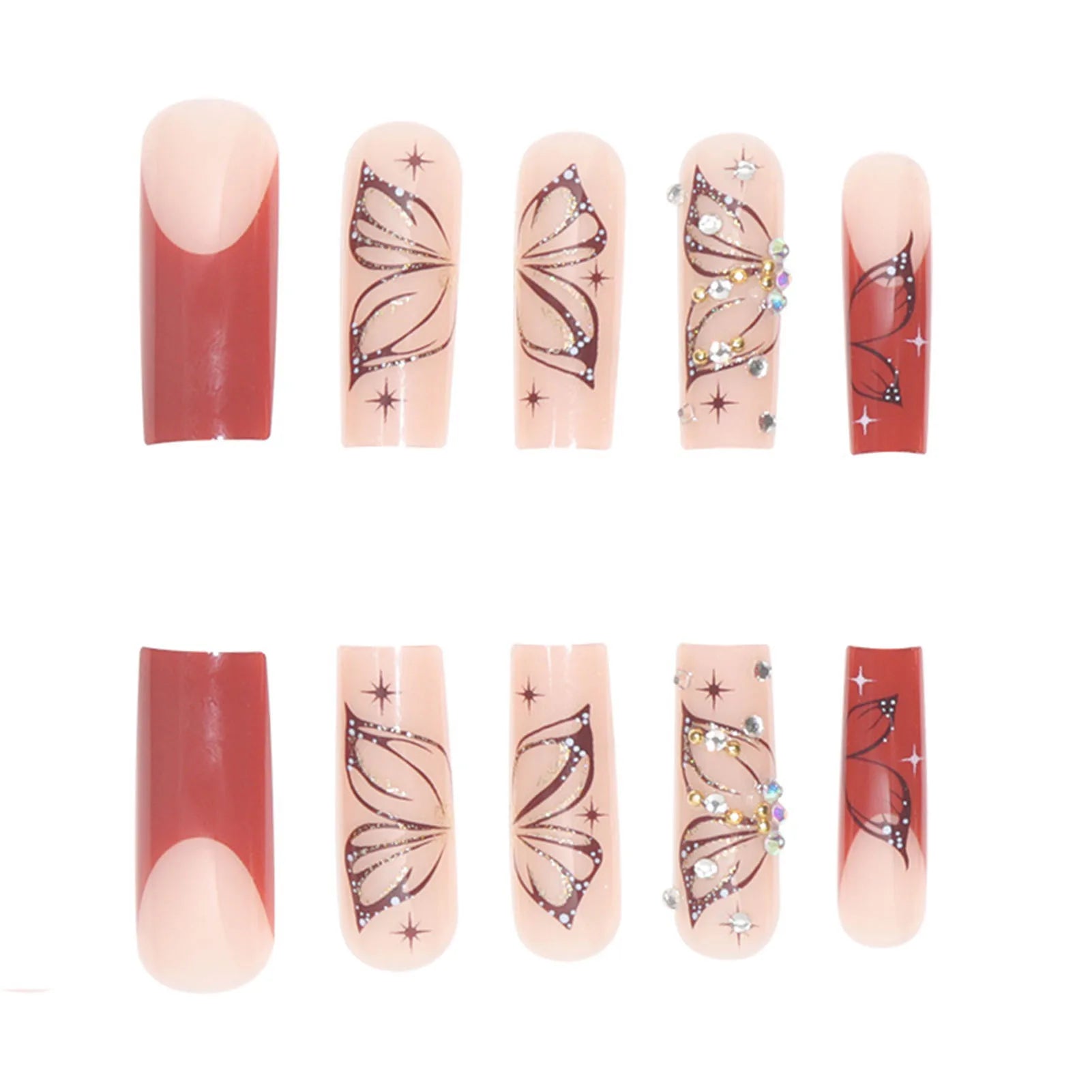 Ultra-long French False Nail Shiny Butterfly Elegant Reusable Artificial Nail for Women and Girl Nail Salon at Home