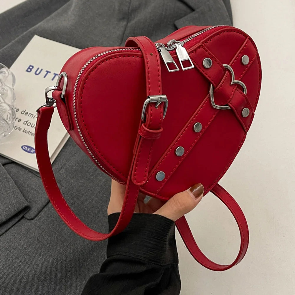 Women Heart Crossbody Bags PU Leather Simple Satchel Bag Solid Color Adjustable Strap Girls Dating Bag