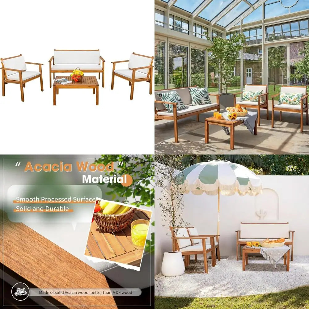 Acacia Wood 4-Piece Outdoor Patio Sofa Set with Table and Cushions for Garden and Deck Conversations