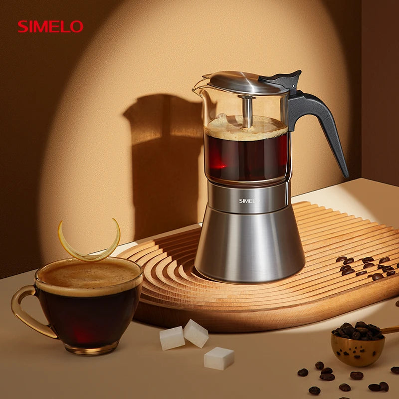 SIMELO Double Valve Moka Pot Stainless Steel Household Coffee Maker Italian Espresso Extraction Machine for Coffee Lovers