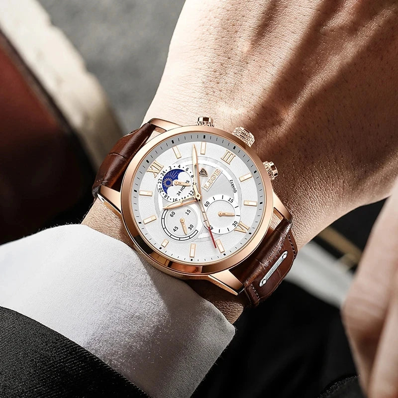 2025 New Mens Watches LIGE Top Brand Leather Chronograph Waterproof Sport Automatic Date Quartz Watch For Men Relogio Masculino