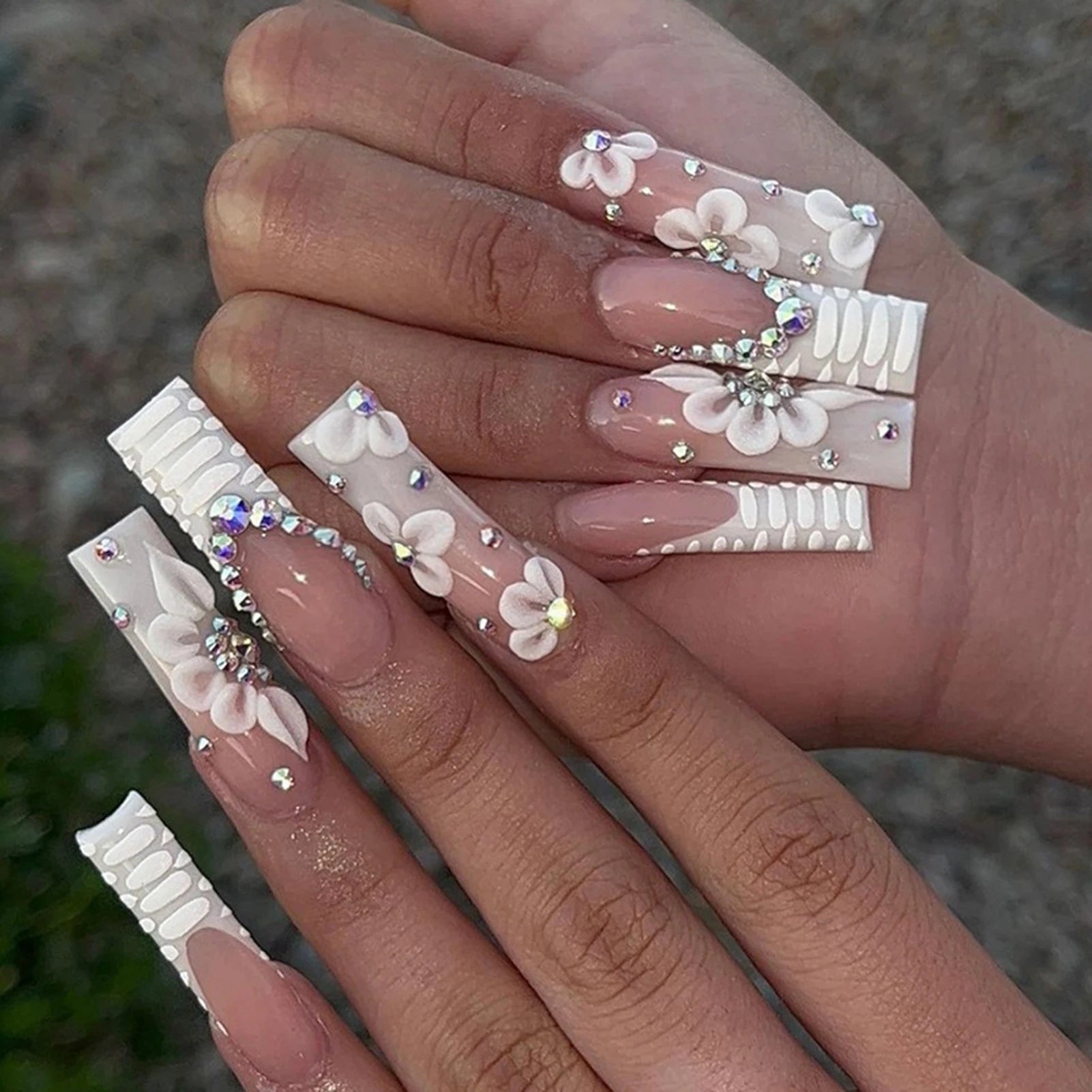 Rhinestone Embellished White Fake Nails Long Square UV Gel Cool Color Nails for Dance Parties Weekend Trips Parties