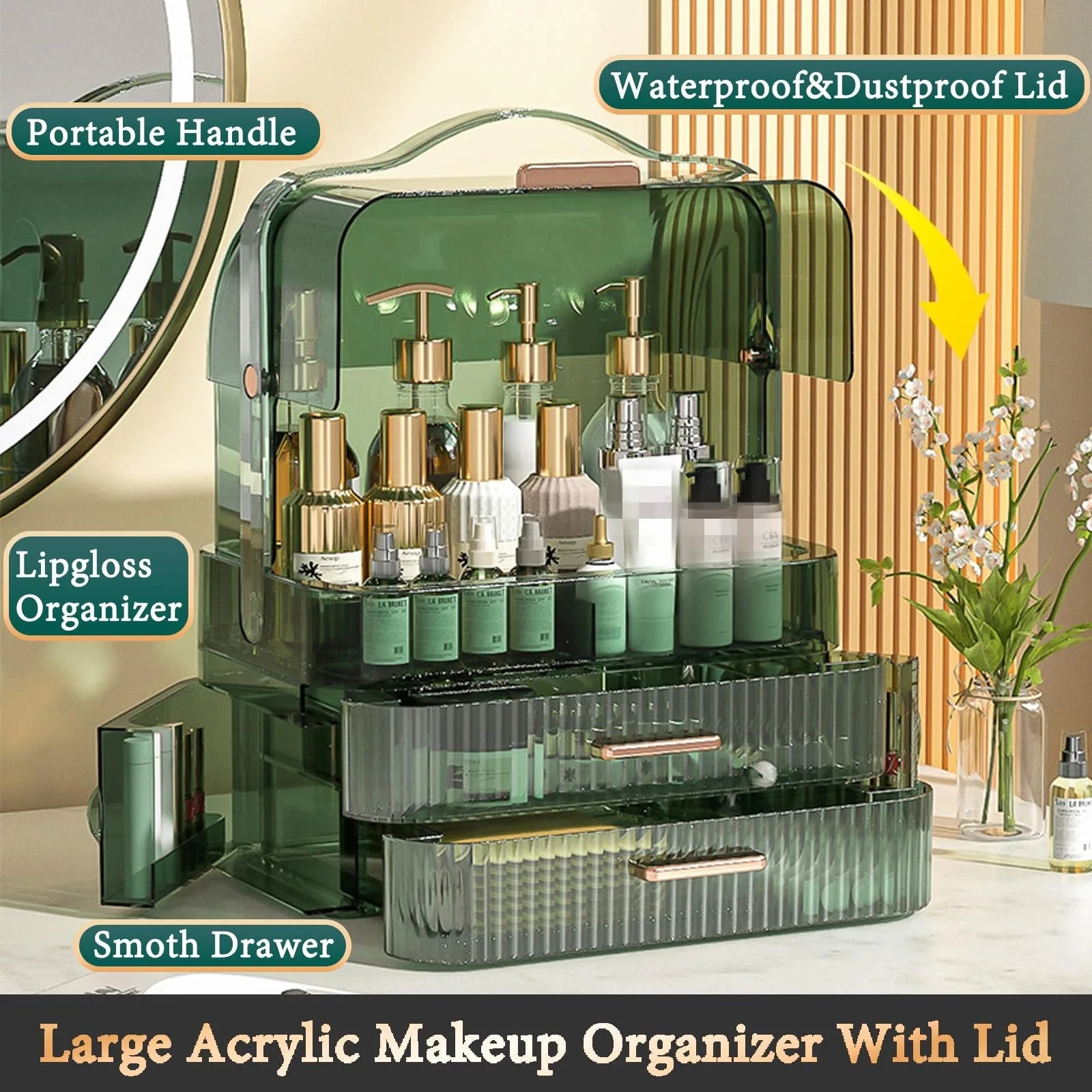 Cosmetics Storage Box With Lid and Handle Large Makeup Organizer Box Drawers for Skincare Display Cases Countertop, Bathroom